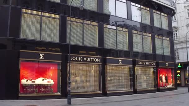 Wien, Österrike - 24 December, Steadicam skott av stor Louis Vuitton butik. En av de världens mest värdefulla lyxmärken. 4k-video — Stockvideo