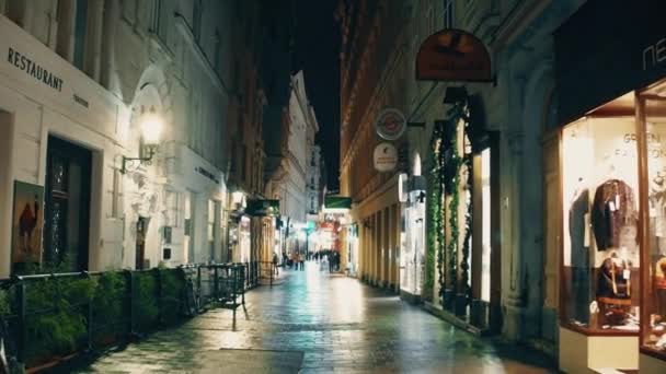 VIENA, AUSTRIA - DICIEMBRE, 24 Steadicam toma de Navidad decorado calle estrecha por la noche. Lugar turístico con tiendas y cafés. Clip 4K — Vídeos de Stock