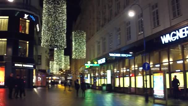 VIENNA, AUSTRIA - 24 DICEMBRE 2016 Pan shot dei negozi di lusso Louis Vuitton, Wagner e Rolex la sera. Clip 4K — Video Stock