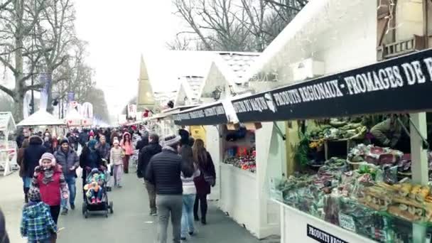 PARIS, FRANCE - 31 DÉCEMBRE 2016. Steadicam tourné de Noël traditionnel et le marché du Nouvel An. Restauration rapide, spécialités et vendeurs de stands de souvenirs. Vidéo 4K — Video