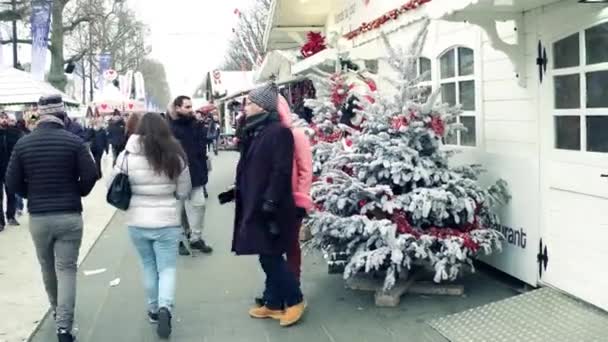 PARIS, FRANCE - 31 DÉCEMBRE 2016. Steadicam tourné de Noël traditionnel et le marché du Nouvel An. Des stands de souvenirs et des cafés. Vidéo 4K — Video