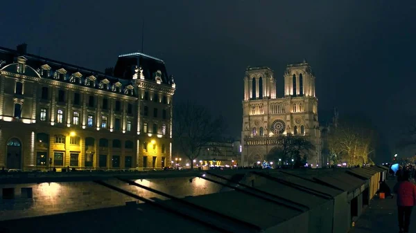 Παρίσι, Γαλλία -, στις 31 Δεκεμβρίου 2016. Ανάχωμα στον ποταμό Σηκουάνα και την δυτική πρόσοψη του διάσημο καθεδρικό ναό Notre Dame φωτίζονται τη νύχτα — Φωτογραφία Αρχείου