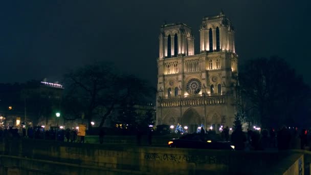 Paříž, Francie - 31 prosinec 2016. Steadicam záběr slavná katedrála Notre Dame v noci osvětlené. 4 k klip — Stock video