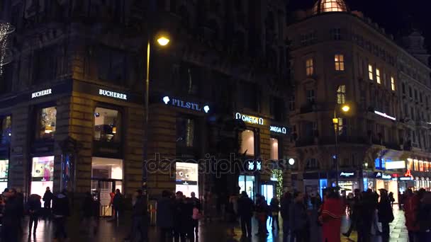 VIENA, AUSTRIA - 24 DE DICIEMBRE DE 2016 Steadicam toma de la concurrida calle turística por la noche. Destino popular con tiendas y cafeterías. Clip 4K — Vídeos de Stock