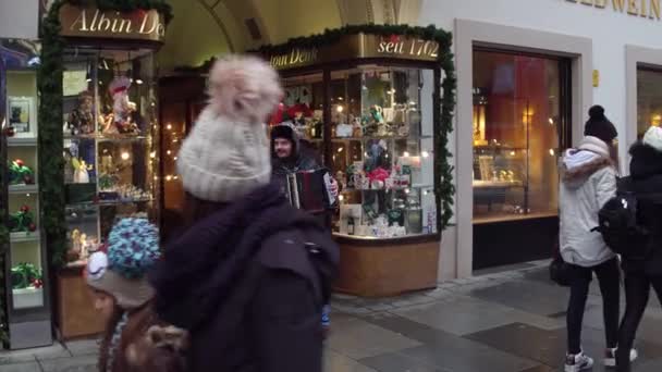 VIENA, AUSTRIA - 24 DE DICIEMBRE DE 2016. Steadicam filmó a un músico callejero interpretando a Bayan. Clip 4K — Vídeo de stock