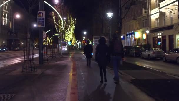 Wiedeń, Austria - 24 grudnia 2016 roku Steadicam strzał para spaceru wzdłuż Boże Narodzenie udekorowane ulicy w godzinach wieczornych. wideo 4k — Wideo stockowe