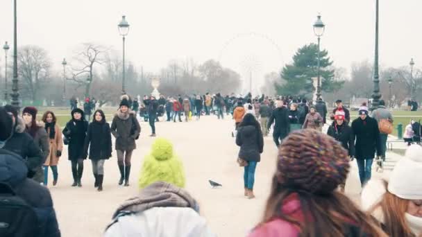 PARIS, FRANCE - DECEMBER, 31, 2016. Multinatonal tourists walk near Ferris wheel on a foggy day. Popular Parisian landmark and touristic destination. 4K video — Stock Video