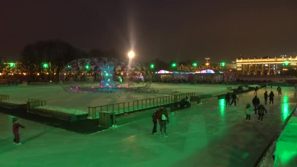 Moskau, russland - 2. januar 2017. weihnachten und neujahr dekorierte skating ring im berühmten gorky park beleuchtet in der nacht. 4k-Schuss — Stockvideo