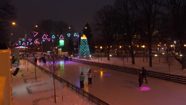 Moskau, russland - 2. januar 2017. weihnachten und neujahr dekorierte skating ring im berühmten gorky park beleuchtet in der nacht. 4k-Clip — Stockvideo