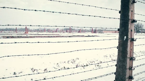 老生锈的铁丝网和遥远被毁的营房的集中营在雪地里。4 k 得镜头 — 图库照片