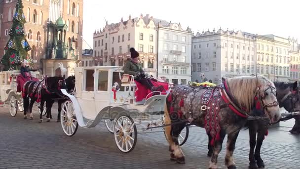 Krakow, Polen - januari, 14, 2017 Steadicam shot van retro paard getrokken koetsen en kerst versierd toeristische oude straat van de stad op een zonnige dag. 4k video — Stockvideo