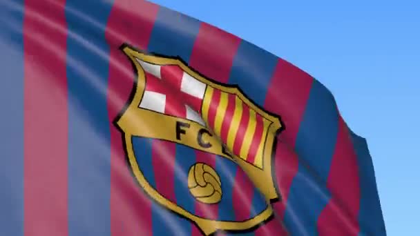 Integetett zászló az Fc Barcelona labdarúgó klubnak egy emblémát, varrat nélküli hurok, kék háttér részlete. Szerkesztői animáció. 4k — Stock videók