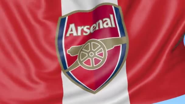 Nahaufnahme des Fahnenschwenkens mit Arsenal f.c. Fußballklub-Logo, nahtlose Schlaufe, blauer Hintergrund. redaktionelle Animation. 4k — Stockvideo