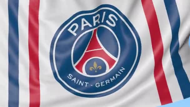 挥舞着旗子与巴黎圣日耳曼足球俱乐部足球俱乐部徽标、 无缝环、 蓝色背景的特写镜头。编辑动画。4 k — 图库视频影像