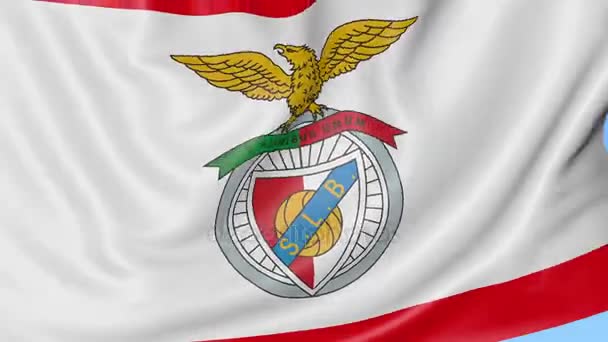 SL Benfica futbol kulübü logosu, sorunsuz döngü, mavi arka plan ile bayrak sallayarak yakın çekim. Editoryal animasyon. 4k — Stok video