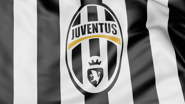 Primo piano della bandiera sventolante con la Juventus logo della squadra di calcio — Foto Stock