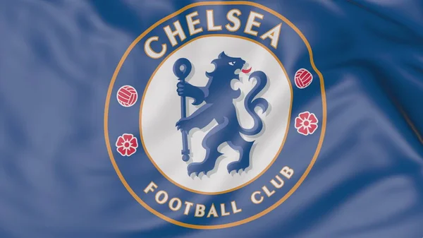 Close-up of waving flag with Chelsea F.C. football club logo — Stock Photo, Image