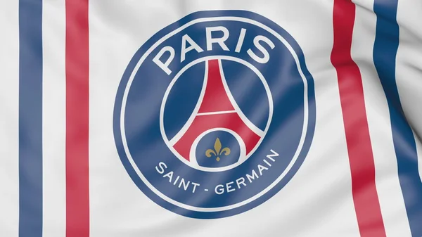 Close-up of waving flag with Paris Saint-Germain F.C. football club logo — Stock Photo, Image