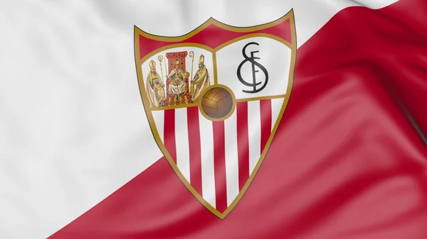 Primo piano della bandiera sventolante con logo della squadra di calcio del Sevilla FC — Foto Stock