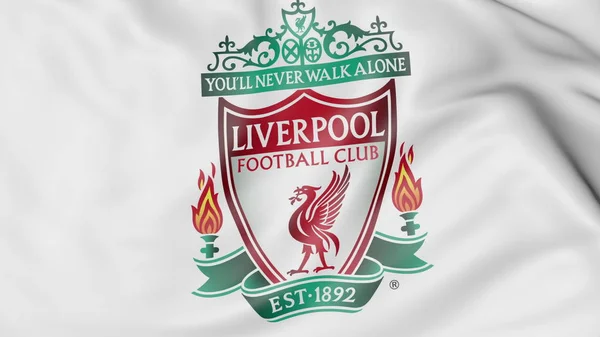 Zbliżenie: macha flagą z logo klubu piłki nożnej Liverpool F.C. — Zdjęcie stockowe