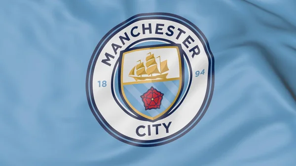 Primo piano della bandiera sventolata con il Manchester City F.C. logo della squadra di calcio — Foto Stock