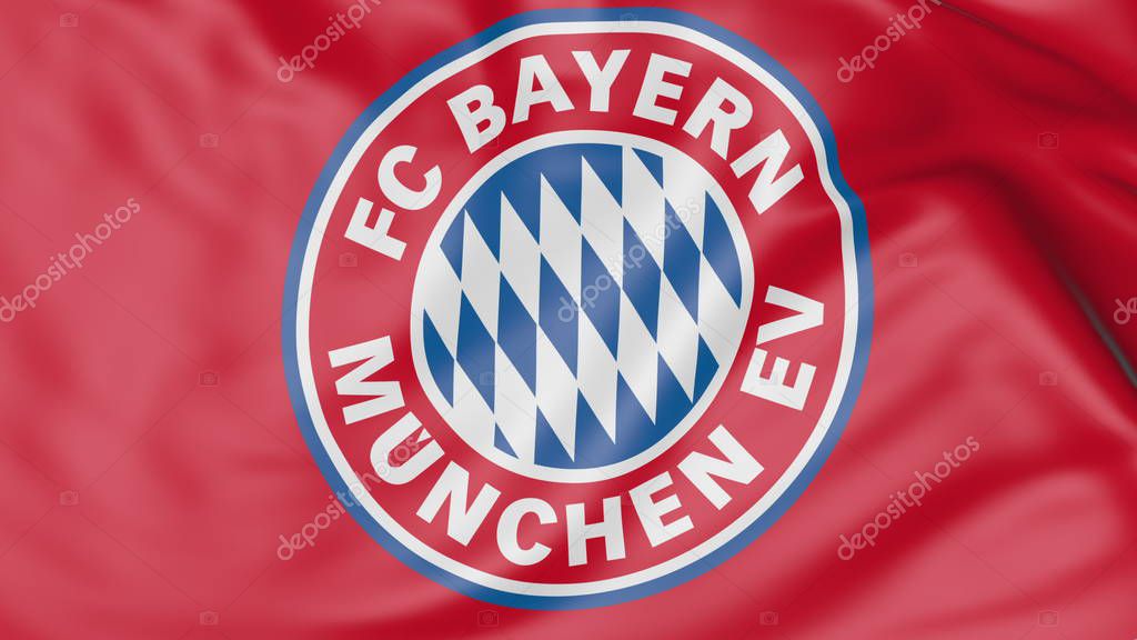 Close-up of waving flag with FC Bayern Munich football club emblem Russian Federation