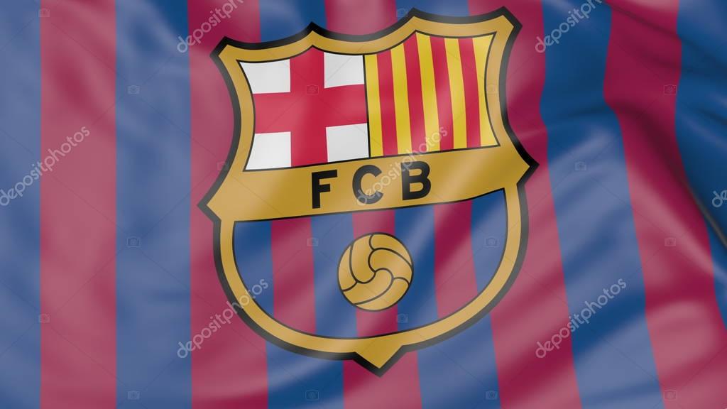 Close-up of waving flag with FC Barcelona football club emblem Russian Federation