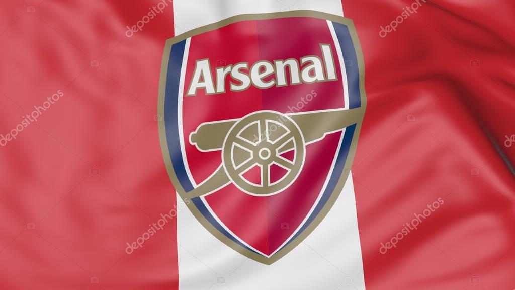Close-up of waving flag with Arsenal F.C. football club emblem Russian Federation