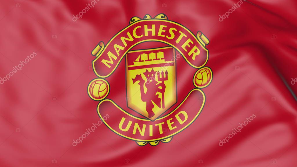 Close-up of waving flag with Manchester United F.C. football club emblem Russian Federation