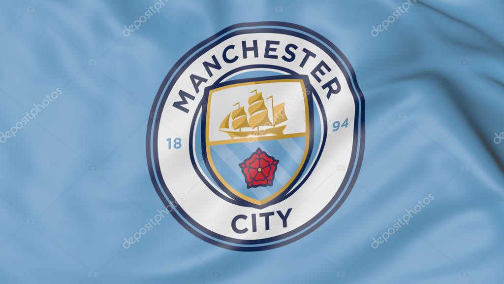 Close-up of waving flag with Manchester City F.C. football club emblem Russian Federation