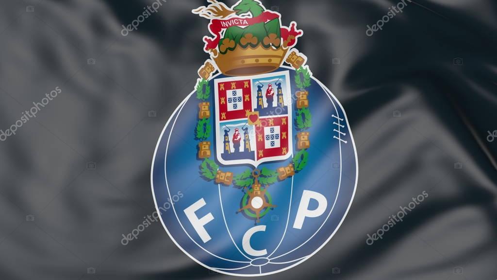Close-up of waving flag with FC Porto football club emblem Russian Federation