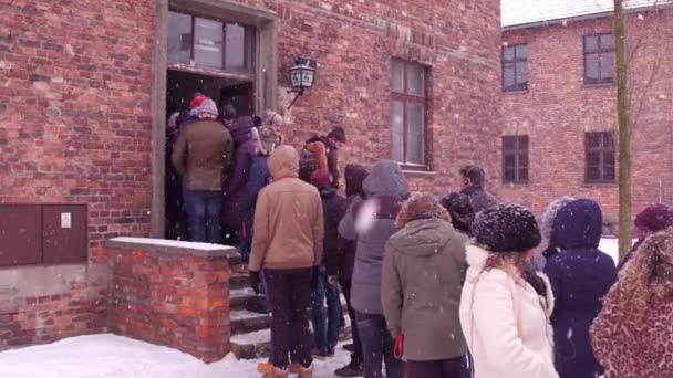 OSWIENCIM, POLONIA - 14 GENNAIO 2017 Visita guidata ad Auschwitz Birkenau, campo di concentramento e sterminio nazista tedesco. Video 4K — Video Stock