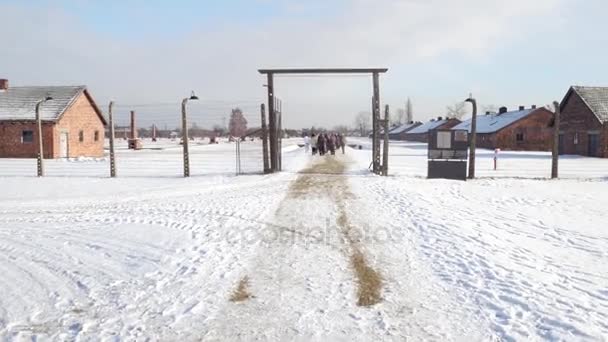 Oswiencim, Polska - 14 stycznia 2017 r. wycieczka do Auschwitz Birkenau, hitlerowski obóz zagłady. 4 k steadicam wideo — Wideo stockowe