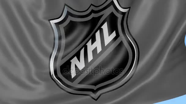Zbliżenie: macha flagą z logo National Hockey League Nhl, Płynna pętla, niebieskie tło. Redakcji animacji. 4k — Wideo stockowe