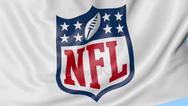 Close-up da bandeira acenando com o logotipo da National Football League NFL, loop sem costura, fundo azul. Animação editorial. 4K — Vídeo de Stock