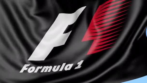 Primo piano della bandiera sventolante con logo Formula 1, anello senza cuciture, sfondo blu. Animazione editoriale. 4K — Video Stock