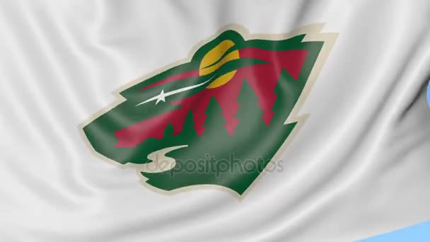 Pendekatan bendera melambaikan dengan Minnesota Wild NHL tim hoki logo, loop mulus, latar belakang biru. Animasi editorial. 4K — Stok Video