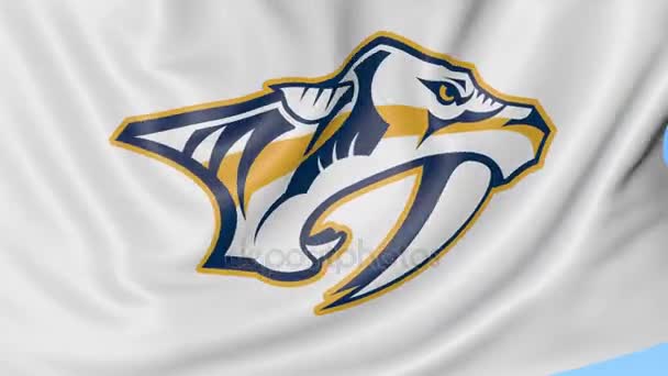 Detail mávat vlajkou s logo týmu hokejové Nashville Predators Nhl, bezešvé smyčka, modré pozadí. Redakční animace. 4k — Stock video