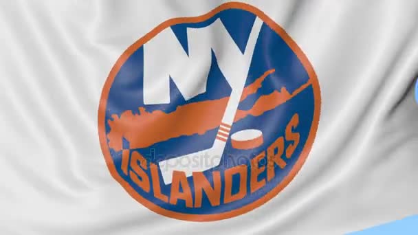 New York Islanders Nhl hokey takımı logo, sorunsuz döngü, mavi arka plan ile bayrak sallayarak yakın çekim. Editoryal animasyon. 4k — Stok video