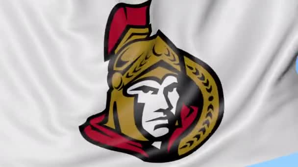 Close-up van de vlag met de Ottawa Senators Nhl hockey team logo, naadloze loops, blauwe achtergrond zwaaien. Redactionele animatie. 4k — Stockvideo