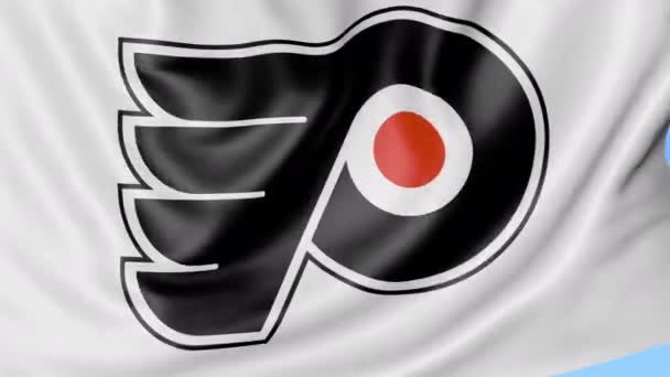 Γκρο πλαν του κουνώντας τη σημαία με το λογότυπο της ομάδας χόκεϋ Philadelphia Flyers Nhl, αδιάλειπτη βρόχο, μπλε φόντο. Σύνταξης κινούμενα σχέδια. 4k — Αρχείο Βίντεο