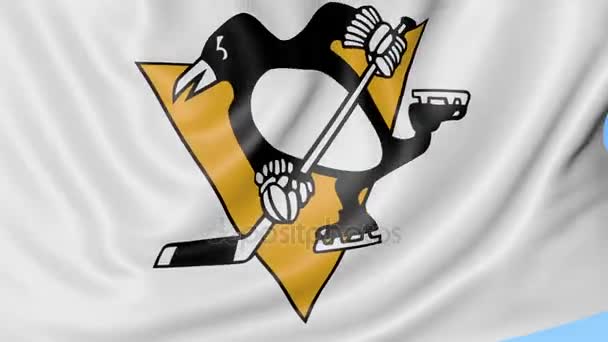 Pittsburgh Penguins Nhl hokey takımı logo, sorunsuz döngü, mavi arka plan ile bayrak sallayarak yakın çekim. Editoryal animasyon. 4k — Stok video