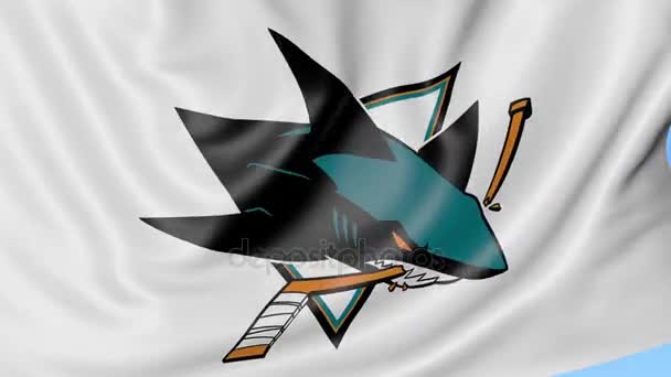 Primo piano della bandiera sventolante con il logo della squadra di hockey di San Jose Sharks NHL, anello senza cuciture, sfondo blu. Animazione editoriale. 4K — Video Stock