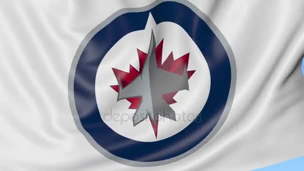 Close-up de acenando bandeira com Winnipeg Jets NHL logotipo da equipe de hóquei, loop sem costura, fundo azul. Animação editorial. 4K — Vídeo de Stock