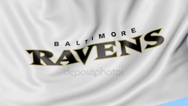 Close-up of waving flag with Baltimore Ravens NFL American football team logo, seamless loop, blue background. Editorial animation. 4K — Stock Video