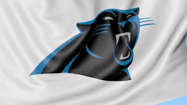Close-up of waving flag with Carolina Panthers NFL American football team logo, seamless loop, blue background. Editorial animation. 4K Stock Video