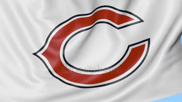 Close-up of waving flag with Chicago Bears NFL American football team logo, seamless loop, blue background. Editorial animation. 4K — Stock Video