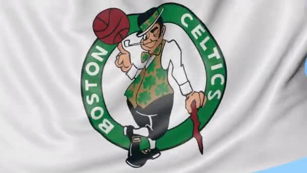 Boston Celtics Nba basketbol takım logo, sorunsuz döngü, mavi arka plan ile bayrak sallayarak yakın çekim. Editoryal animasyon. 4k — Stok video