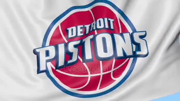 Detroit Pistons Nba basketbol takım logo, sorunsuz döngü, mavi arka plan ile bayrak sallayarak yakın çekim. Editoryal animasyon. 4k — Stok video