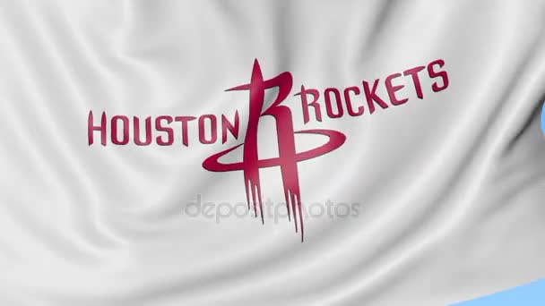 Detail mávat vlajkou s logo týmu Houston Rockets Nba basketbal, bezešvé smyčka, modré pozadí. Redakční animace. 4k — Stock video